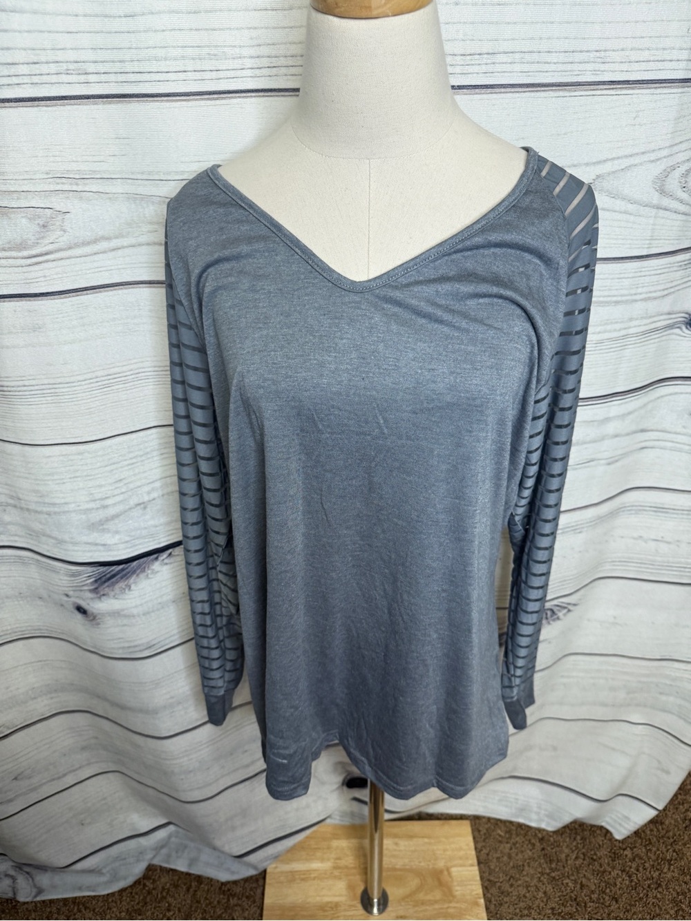 Women's Grey Long-Sleeve V-Neck Top with Cutout Sleeve Detail